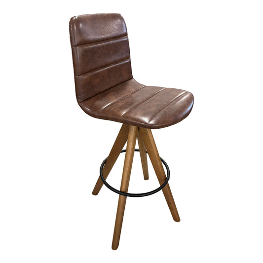 Ellen Stool with Wooden Base and Swivel Seat, Brown PU Upholstery
