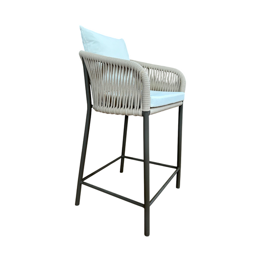 Banqueta Hera Estofada Alumínio Cor Fendi Corda Náutica Cor Areia