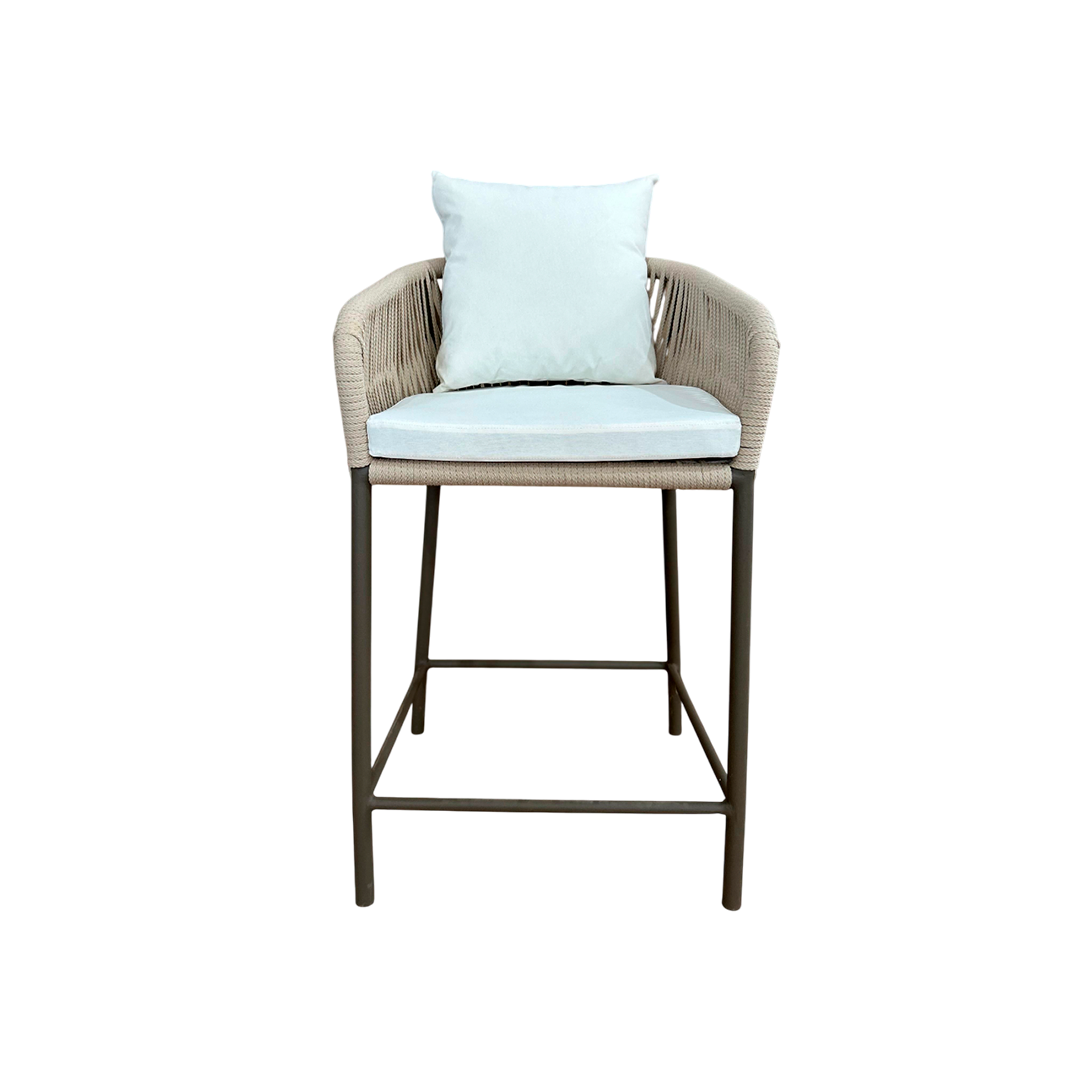 Banqueta Hera Estofada Alumínio Cor Fendi Corda Náutica Cor Areia