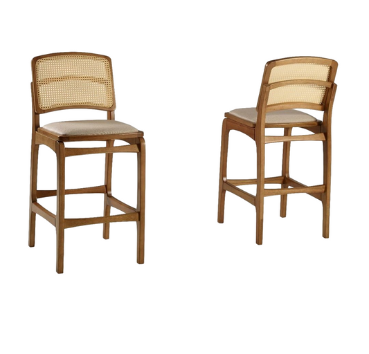 Jamile Wooden Stool with Mesh Seat Upholstered in Gray Linen Fabric 005A
