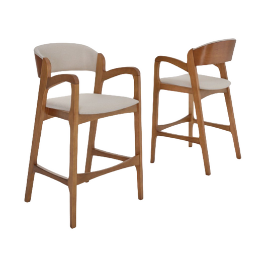 Porto Stool with Wooden Armrests, Upholstered Seat, Beige Linen Fabric 001A