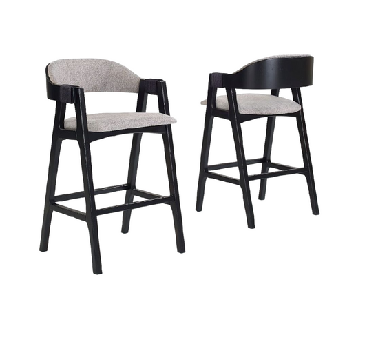Zaki Stool Black Wood Upholstered Seat Grey Linen Fabric 005A