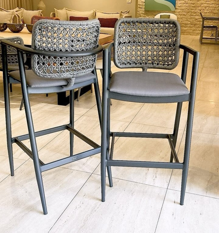 Taburete Ravenna Freijó Madera Cuerda Náutica Color Verde Nacarado Tela Quaker Acqua