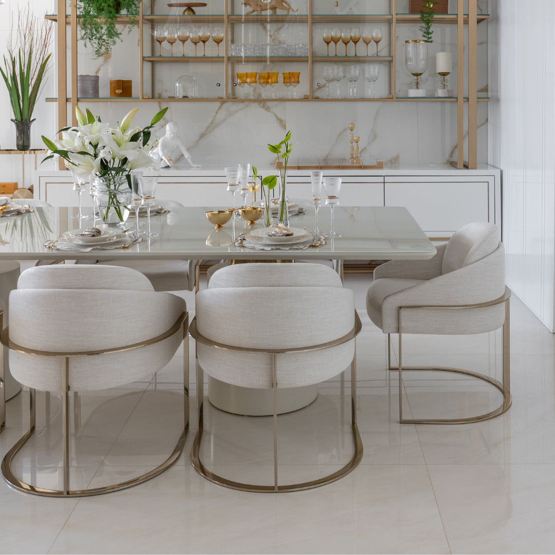 Louise Stainless Steel Chair Golden Color Backrest and Seat Upholstered in 4500D Fabric