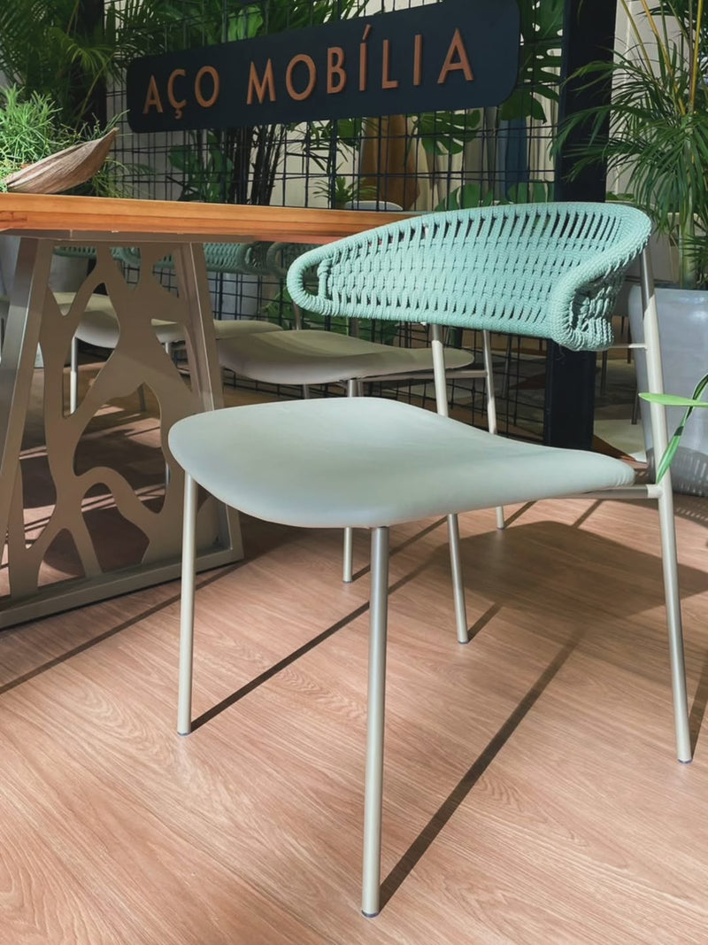 Cadeira Bora Bora Aço Cor Champagne Corda Náutica Cor Verde Assento Estofado Tecido A-723