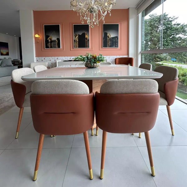 Ambiente 4 com Brenda Chair Natural Wood Upholstered Seat Fabric AA40 Backrest AB1016 with Gold Tip