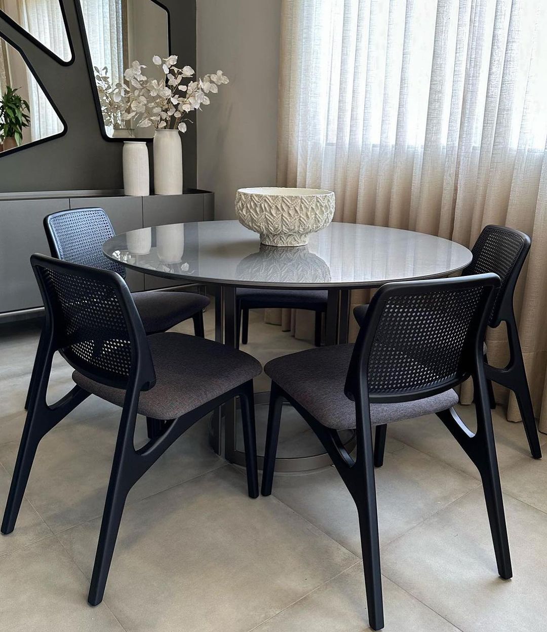 Kozani Chair Ebonized Wood Hexagonal Straw Backrest and Upholstered Fabric Seat 111