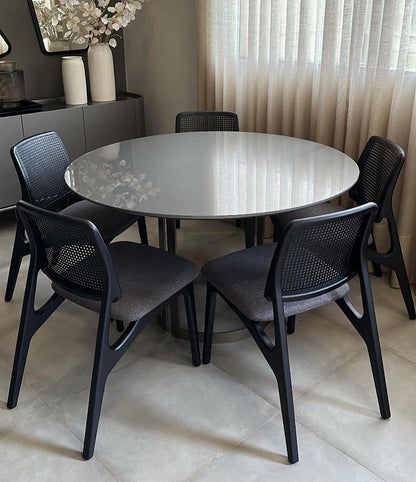 Kozani Chair Ebonized Wood Hexagonal Straw Backrest and Upholstered Fabric Seat 111