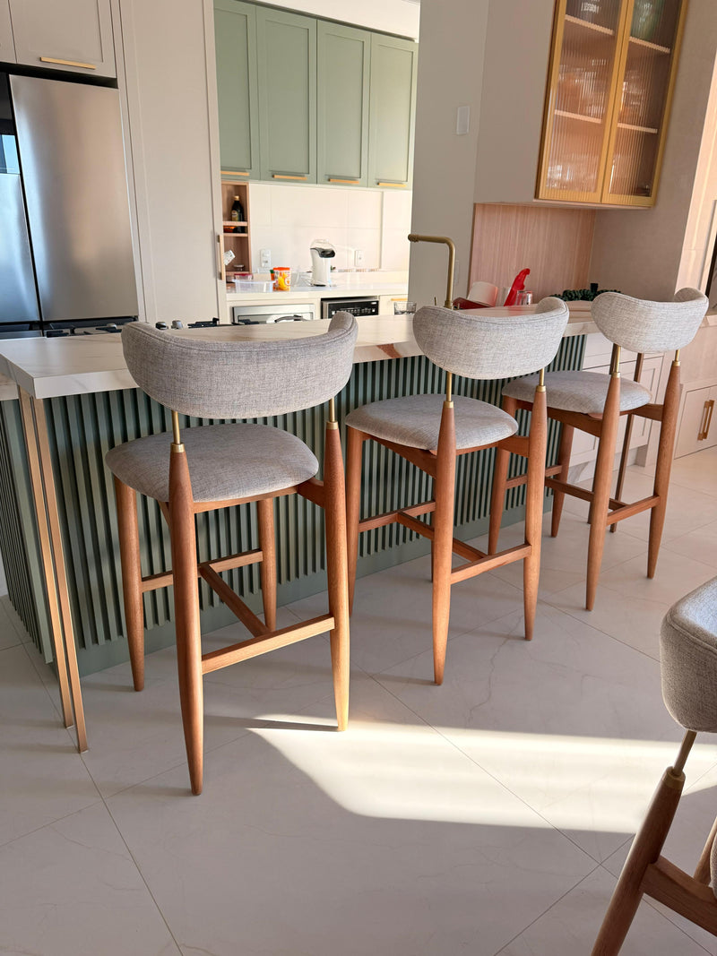 Olivia Stool Wood 20 Hexagonal Straw Backrest Upholstered Fabric Seat AQ8014