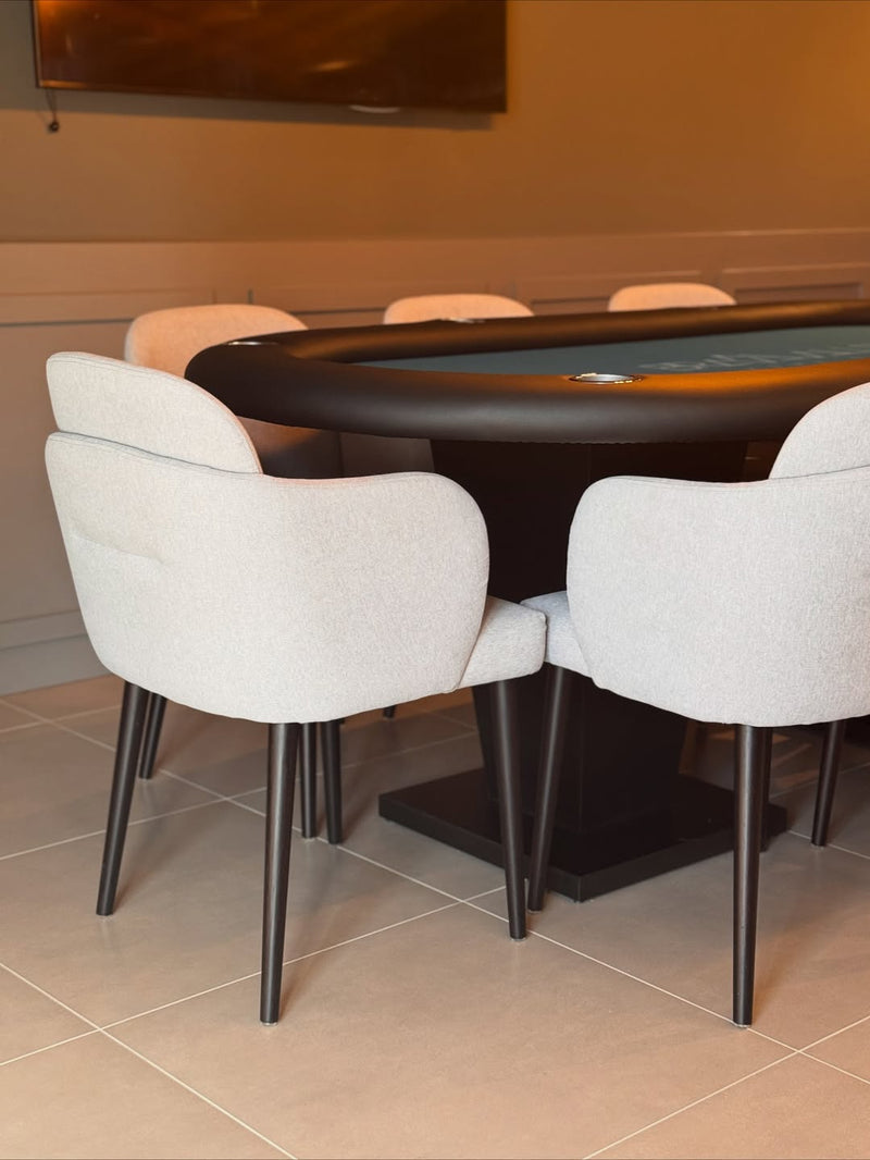 Cadeira Luna Madeira Ebano Assento Estofado Tecido AQ2002 com Ponteira Champagne