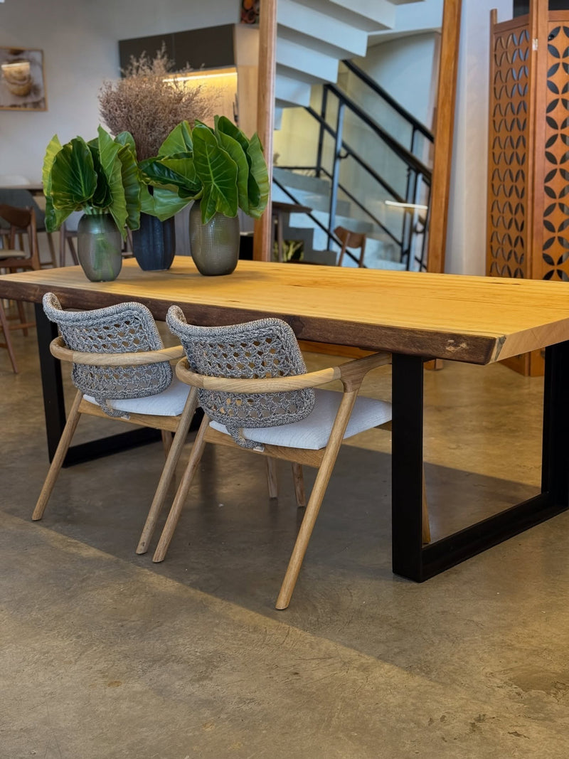 Ravena Armchair Freijó Wood Nautical Rope Pearly Green Color Upholstered Seat Boucle White Fabric