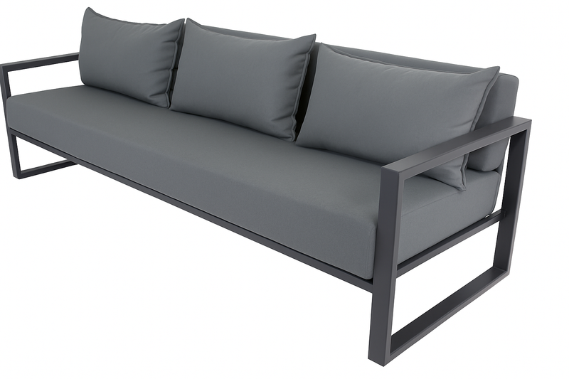 Sofá Antonela Alumínio Preto Assento e Encosto Estofado Tecido Acquablock Preto