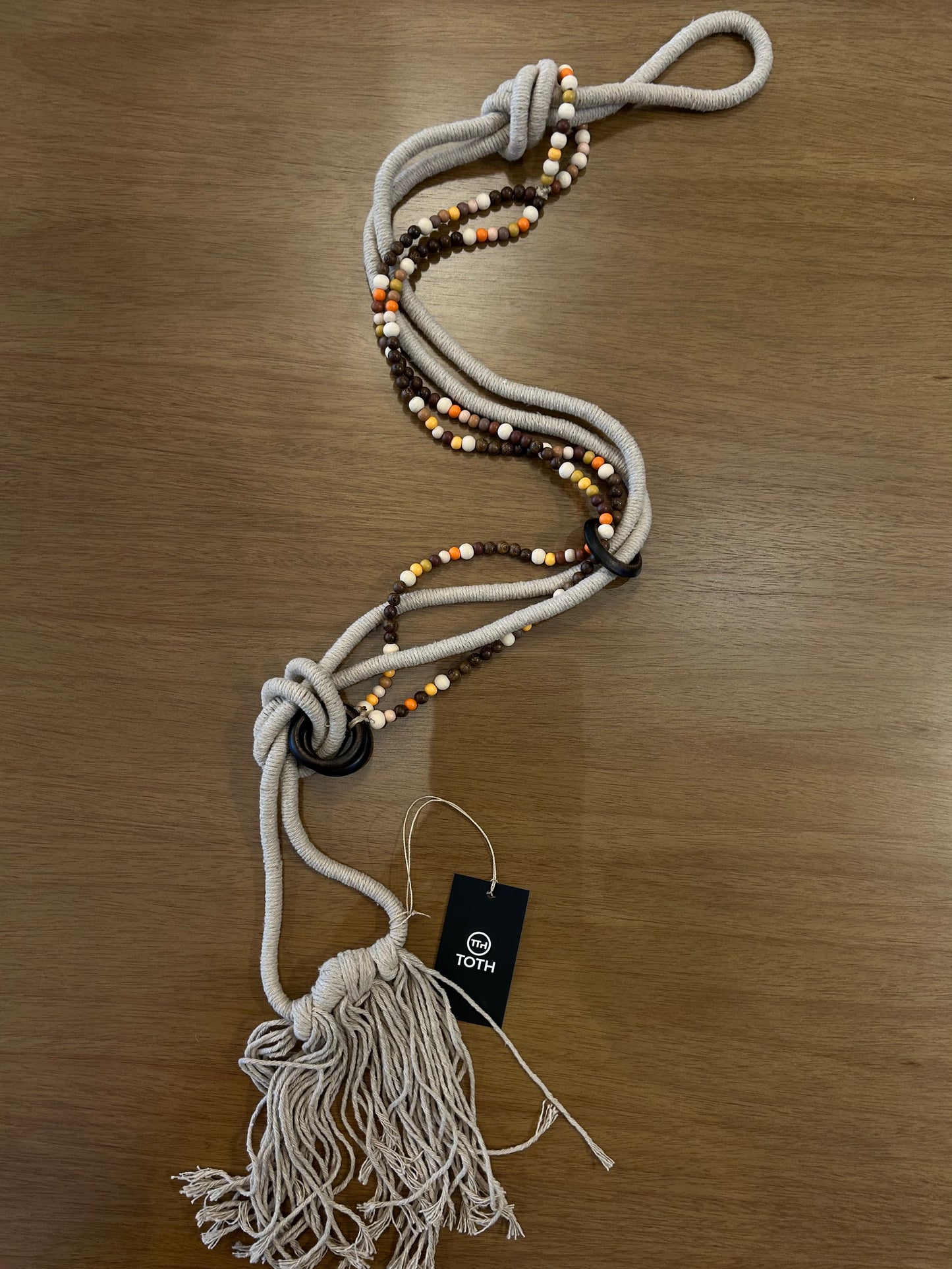 Decorative Necklace Beige Beads Brown and Orange Colored String Tassel