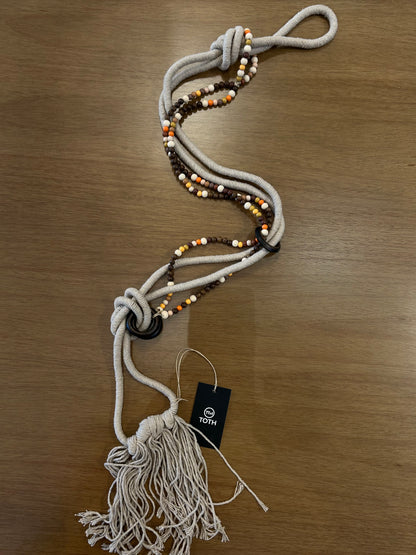 Decorative Necklace Beige Beads Brown and Orange Colored String Tassel