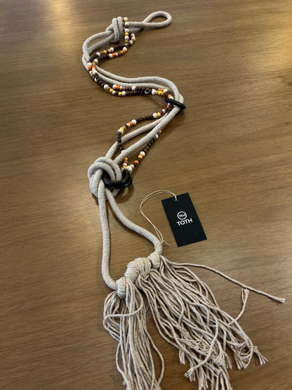 Decorative Necklace Beige Beads Brown and Orange Colored String Tassel