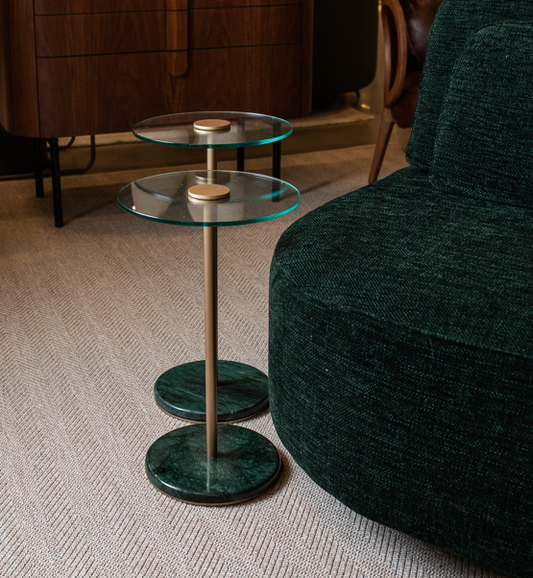 Conjunto de Mesa Lateral Dupla Vetro Aço Dourado Vidro Pedra 01 Verde Guatemala