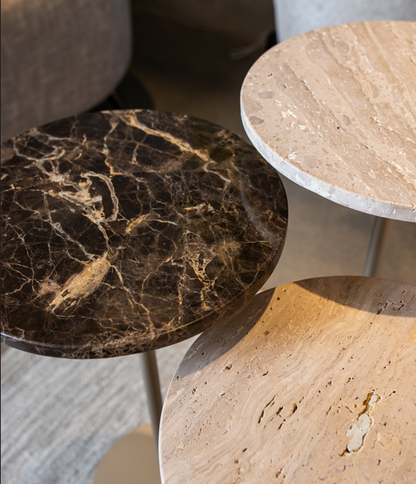 Conjunto de Mesa Lateral Trio Petra Aço Champagne Pedra 01 Travertino e Marrom Imperial