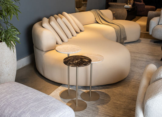 Conjunto de Mesa Lateral Trio Petra Aço Champagne Pedra 01 Travertino e Marrom Imperial