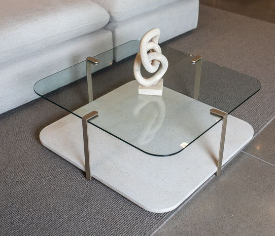 Conjunto de Mesa de Centro Sirius Vidro Effetto Pietra Detalhe em Aço Silver