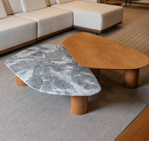 Conjunto de Mesa de Centro Dupla Pilar Madeira Carvalho e Pedra Matarazzo Tamanhos P e G