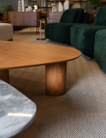 Conjunto de Mesa de Centro Dupla Pilar Madeira Carvalho e Pedra Matarazzo Tamanhos P e G