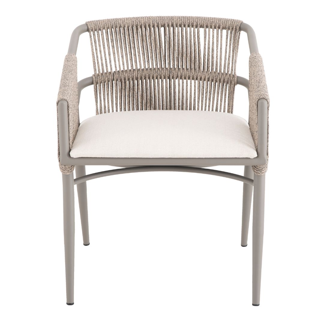 Kyra Armchair Aluminum Champagne Color Nautical Rope Sand Color Mixed Upholstered Seat Quaker Sand Fabric