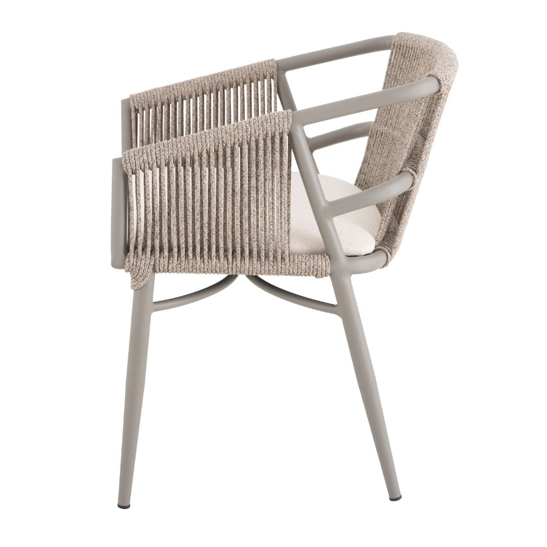 Kyra Armchair Aluminum Champagne Color Nautical Rope Sand Color Mixed Upholstered Seat Quaker Sand Fabric