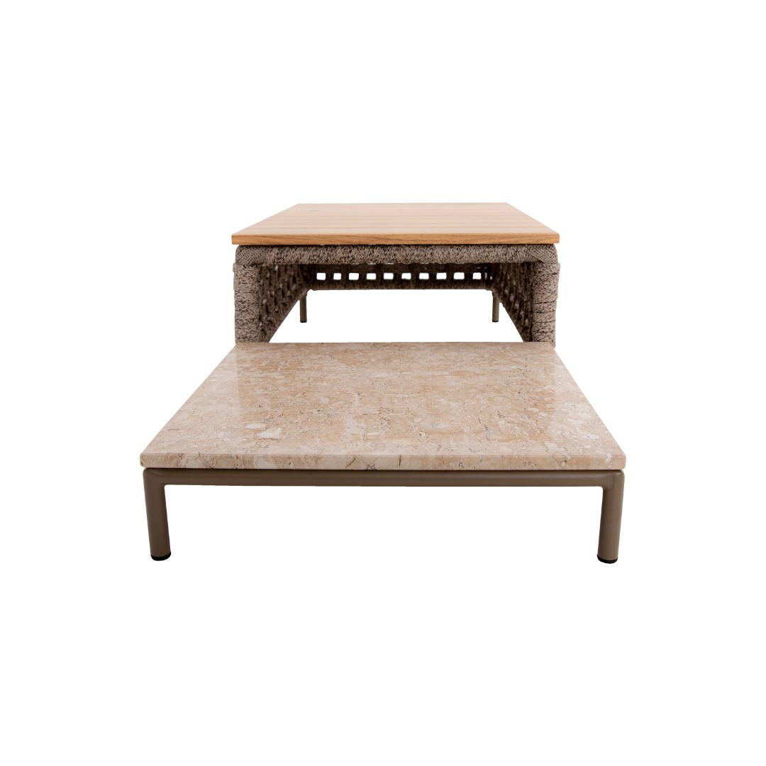 Mesa de Centro Vitta 150x60cm Tampo Madeira Freijó e Mármore Alumínio Cor Fendi Corda Naútica Chata Cor Areia Mesclado