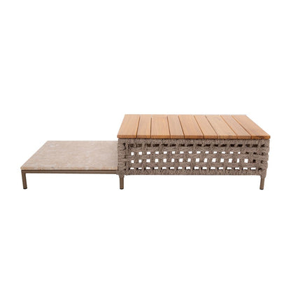 Mesa de Centro Vitta 150x60cm Tampo Madeira Freijó e Mármore Alumínio Cor Fendi Corda Naútica Chata Cor Areia Mesclado