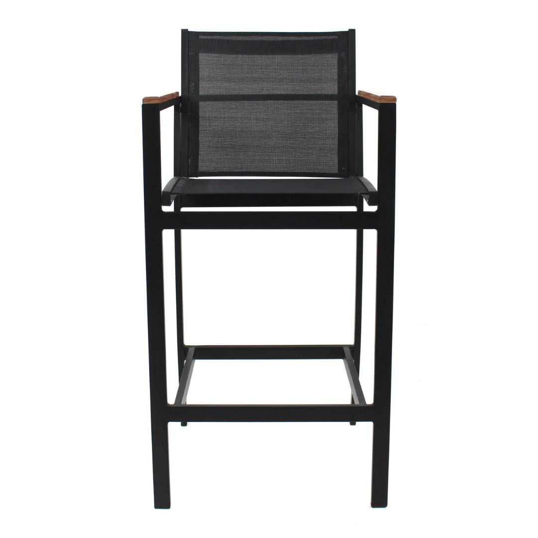 Amélia Stool with Armrests in Freijó Wood and Aluminum in Black Color, Black Color Fabric