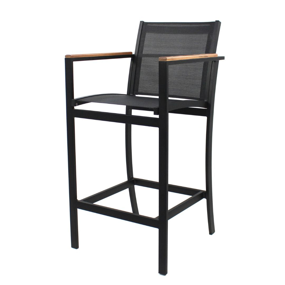 Amélia Stool with Armrests in Freijó Wood and Aluminum in Black Color, Black Color Fabric