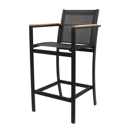 Amélia Stool with Armrests in Freijó Wood and Aluminum in Black Color, Black Color Fabric