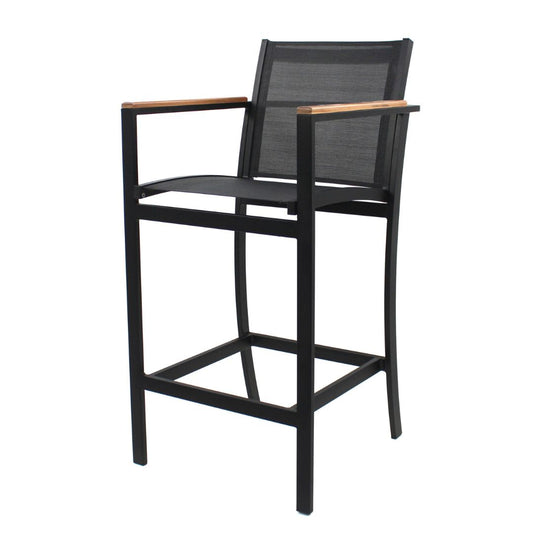 Amélia Stool with Armrests in Freijó Wood and Aluminum in Black Color, Black Color Fabric