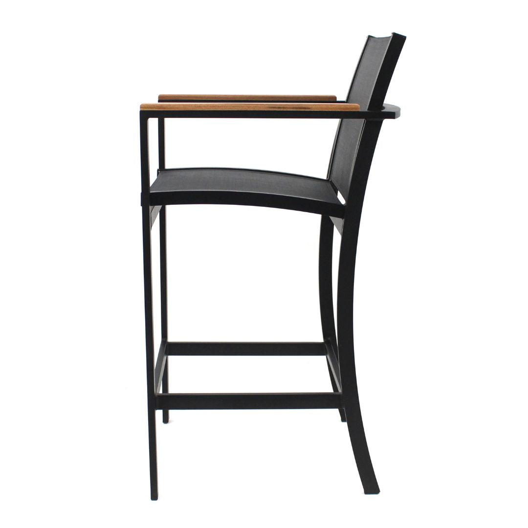 Amélia Stool with Armrests in Freijó Wood and Aluminum in Black Color, Black Color Fabric
