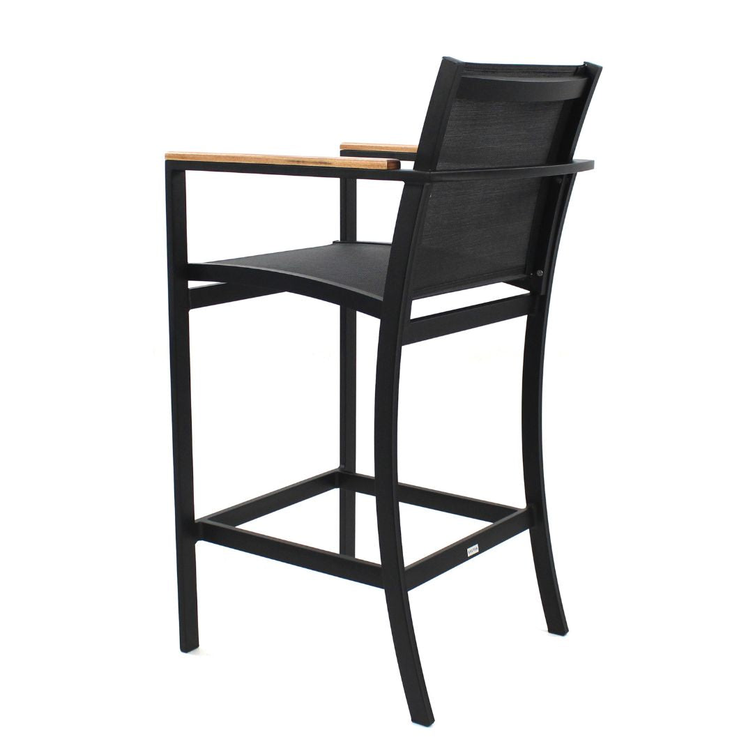Amélia Stool with Armrests in Freijó Wood and Aluminum in Black Color, Black Color Fabric