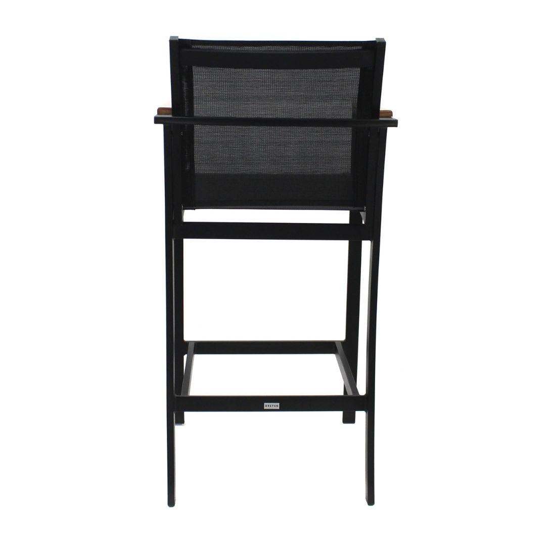 Amélia Stool with Armrests in Freijó Wood and Aluminum in Black Color, Black Color Fabric