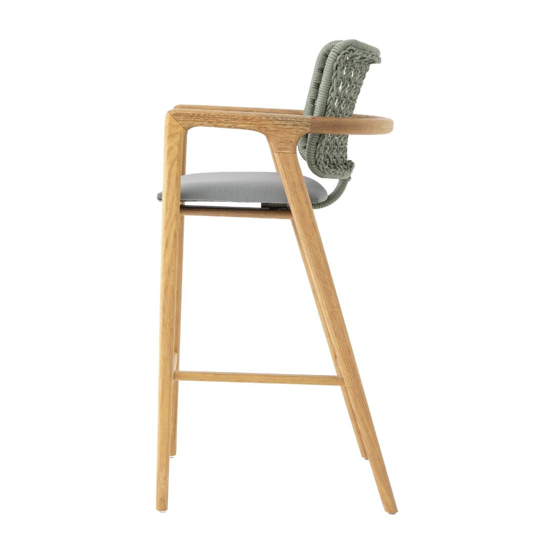 Ravena Stool Freijó Wood Nautical Rope Pearly Green Color Quaker Acqua Fabric