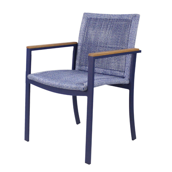 Ambiente 1 com Amélia Armchair Freijó Wood Aluminum Lead Color Nautical Rope Navy Blue Color Upholstered Seat Navy Blue Fabric