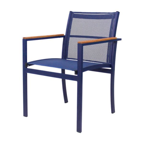 Ambiente 3 com Amélia Armchair Freijó Wood Aluminum Lead Color Nautical Rope Navy Blue Color Upholstered Seat Navy Blue Fabric