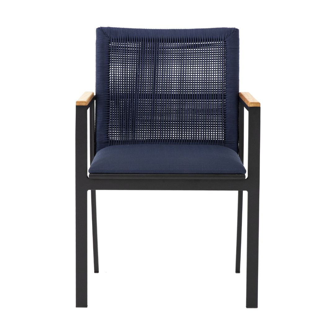 Amélia Armchair Freijó Wood Aluminum Lead Color Nautical Rope Navy Blue Color Upholstered Seat Navy Blue Fabric