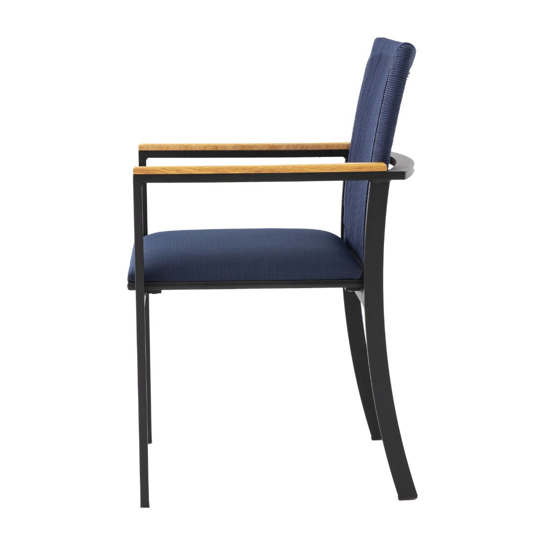 Amélia Armchair Freijó Wood Aluminum Lead Color Nautical Rope Navy Blue Color Upholstered Seat Navy Blue Fabric