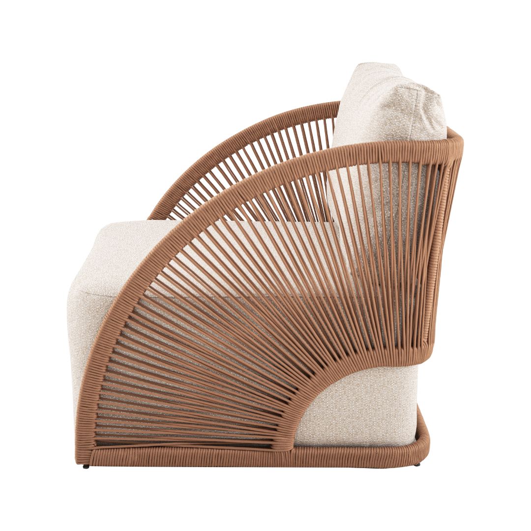 Sillón Antares Cuerda Náutica Color Bronce Respaldo y Asiento Tapizado en Tela Copacabana Beige y Marfil