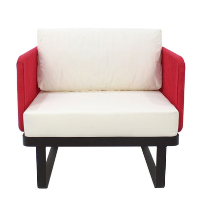 Sillón Catteli de Aluminio Color Marrón Cuerda Náutica Color Rojo Respaldo y Asiento Tapizado Tela Dunas Crema