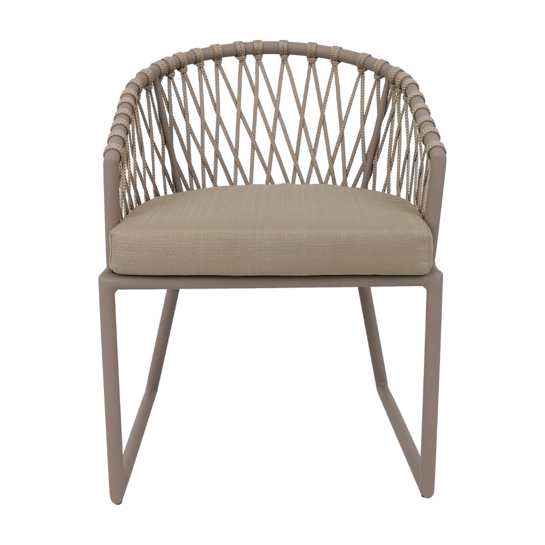 Eros Armchair Aluminum Champagne Color Flat Nautical Rope Ramie Color Upholstered Seat Quaker Beige Fabric