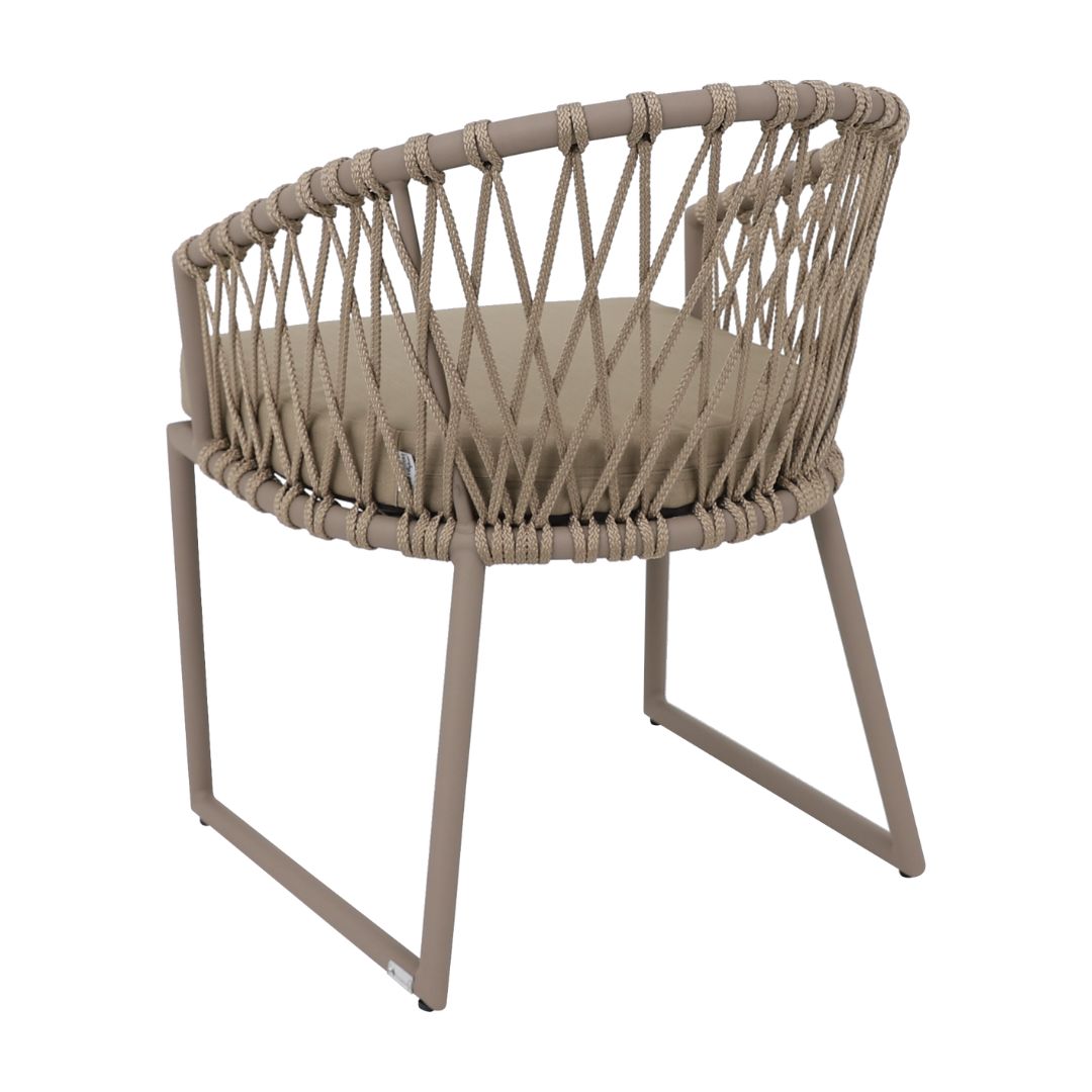 Eros Armchair Aluminum Champagne Color Flat Nautical Rope Ramie Color Upholstered Seat Quaker Beige Fabric