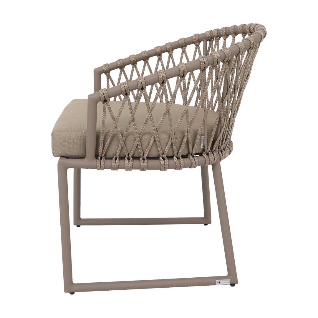 Eros Armchair Aluminum Champagne Color Flat Nautical Rope Ramie Color Upholstered Seat Quaker Beige Fabric