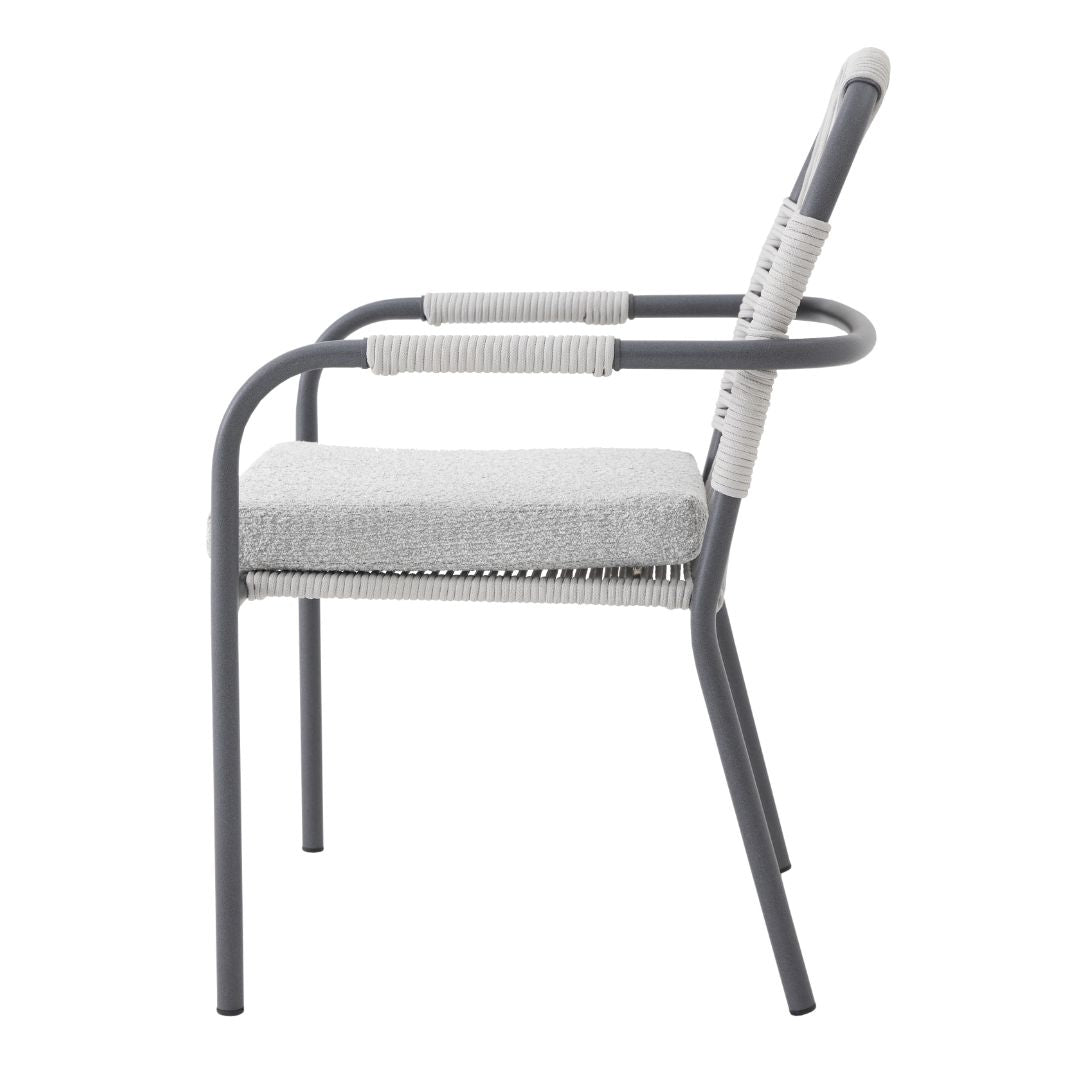 Habana Armchair Aluminum Lead Color Nautical Rope Ice Color Upholstered Seat Boucle White Fabric