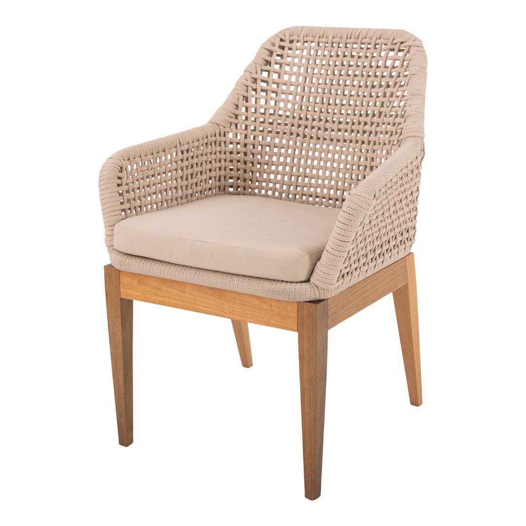 Sillón Luna Freijó Madera Cuerda Náutica Color Arena Asiento Tapizado Tela Quaker Beige
