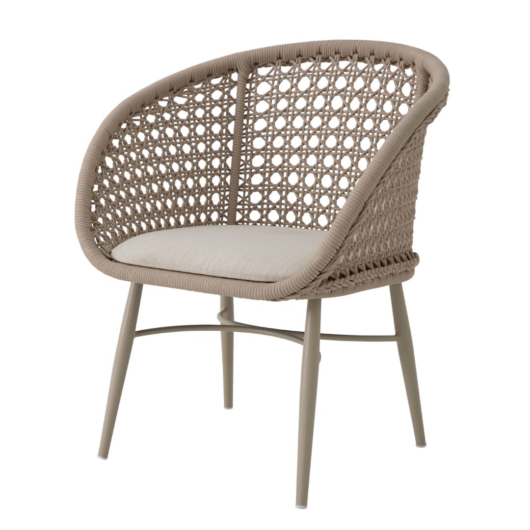 Maya Aluminum Armchair Beige Color Nautical Rope Sand Color Upholstered Seat Quaker Sand Fabric