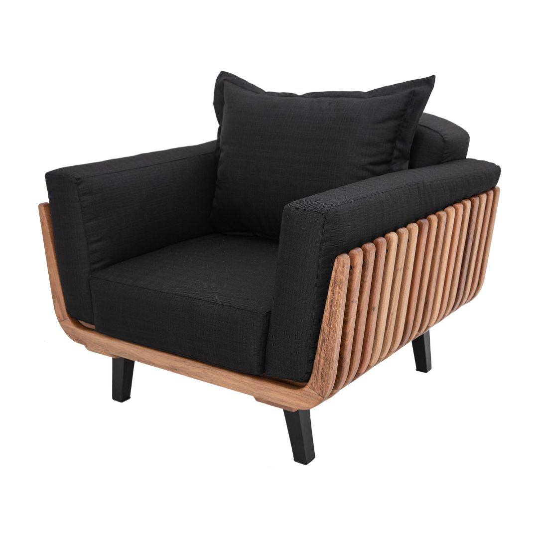 Marbella Armchair Freijó Wood Backrest and Seat Upholstered in Black Quaker Fabric